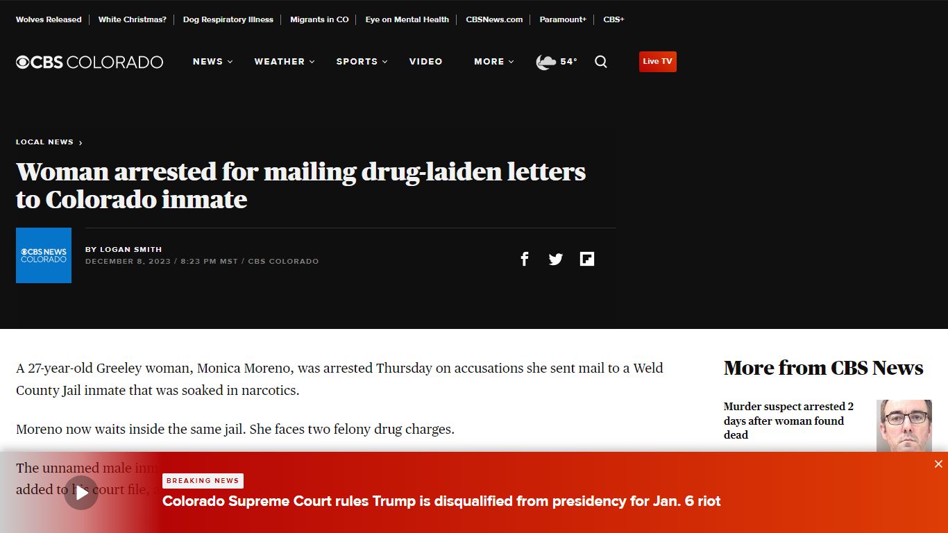 Woman arrested for mailing drug-laiden letters to Colorado inmate